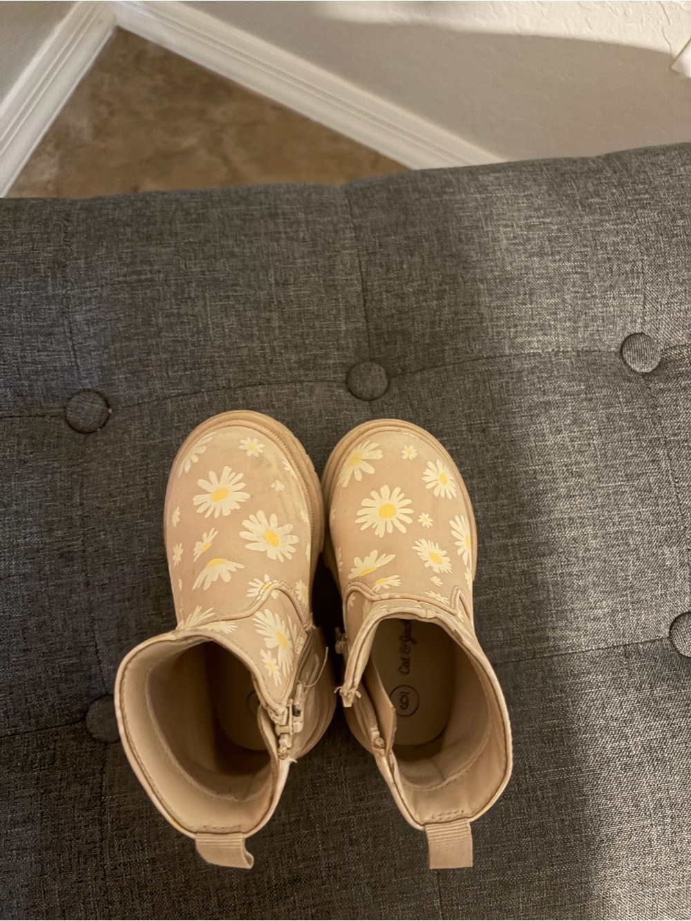 Girls Beige Daisy Print Ankle Boots